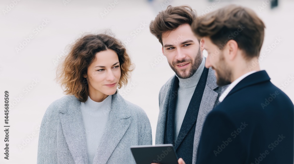 Two people engage in discussion with a man holding a tablet in a casual setting outdoors during daytime.