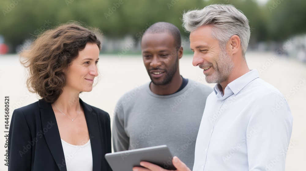 Professionals engaging in discussion while reviewing digital tablet outdoors in a city park setting.