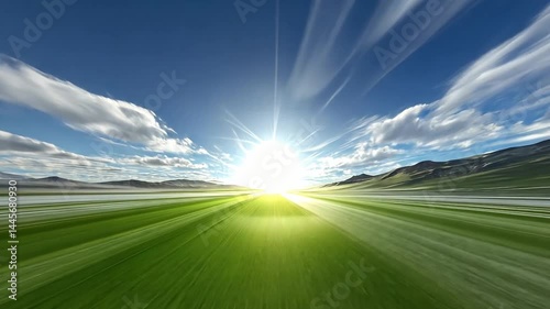 Dramatic Sunrise Over Green Fields with Blue Skies and Clouds