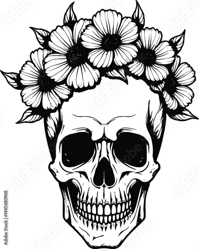 flowers on skeleton head silhouette