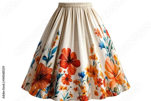 Elegant cream floral midi skirt vibrant orange and blue flowers vintage style full swing summer