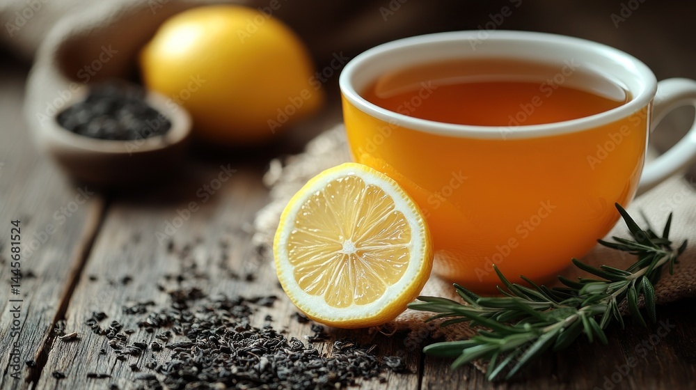 Close Up Of Yellow Cup Of Tea With Lemon Slice And Herbs On Wooden Table With Dark Tea Leaves Close Up Of Yellow Cup Of Tea With Lemon Slice And Herbs On Wooden Table With Dark Tea Leaves
