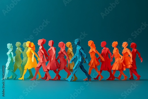 Teamwork Progress Colorful People Walking Forward