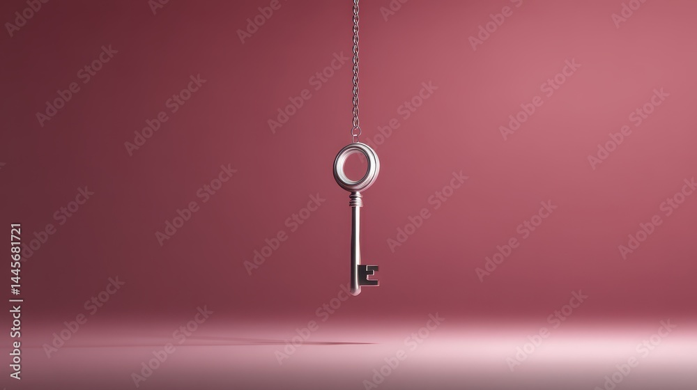Antique Silver Key Hanging on Chain Against a Dusty Rose Background Antique Silver Key Hanging on Chain Against a Dusty Rose Background