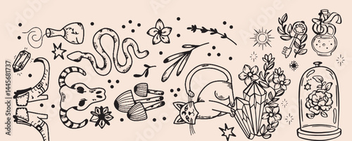 Hand-drawn vintage mystical and magic symbols illustration