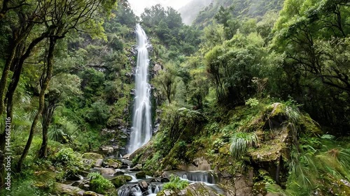 Majestic Waterfall Cascading Through Lush Green Forest Landscape