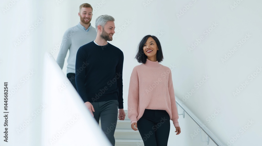 Group of friends walking together in a modern, well-lit staircase during a vibrant afternoon.