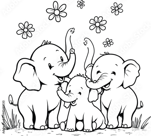joyful elephants playing together silhouette