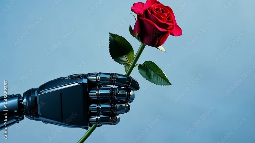 Witness the captivating intersection of technology and nature as a robotic hand gently grasps a vibrant rose. An inspiring visual for AI enthusiasts and creatives. AI
