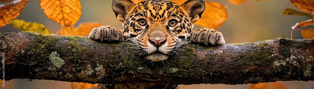 Obraz premium A curious jaguar rests its paws on a tree branch