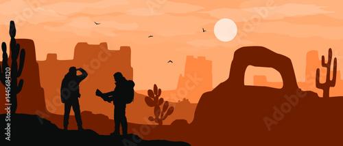 Beautiful flat vector western desert landscape with hikers, rock formations and cactuses in orange colors.
