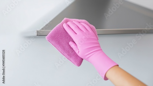 Cleaning a kitchen surface with a pink cloth while wearing gloves in a modern home setting.
