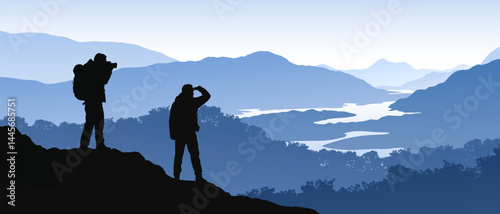 Beautiful realistic vector landscape with hikers with camera looking at forests, mountains and lakes in blue colors.