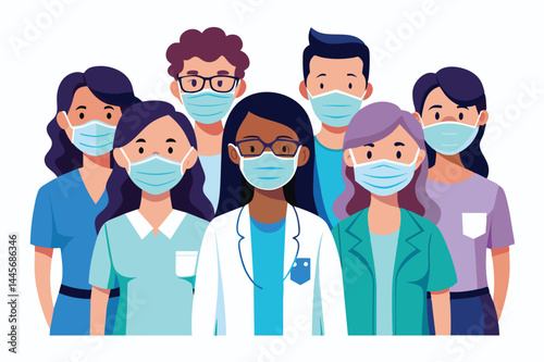 A diverse group of healthcare workers stands united, all wearing protective masks, highlighting their commitment to patient care and community health during the pandemic.