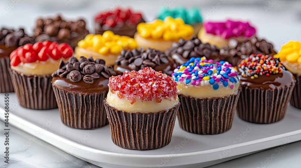 A vibrant display of mini desserts with colorful toppings, beautifully arranged on a white platter. A vibrant display of mini desserts with colorful toppings, beautifully arranged on a white platter.