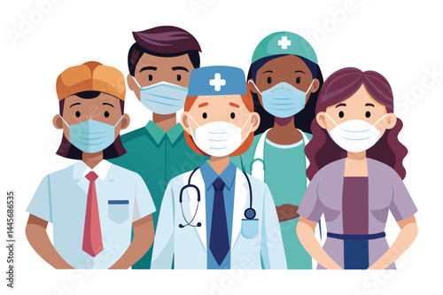 A diverse team of healthcare professionals stands together, all wearing masks, ready to support their community during a health initiative in a hospital setting.