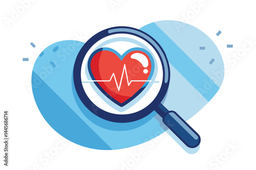 A magnifying glass reveals a red heart symbol intertwined with an ECG line, illustrating the focus on heart health and medical examination in a bright design.