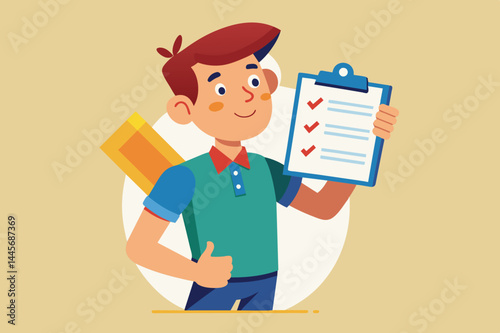A cheerful young student stands proudly with a checklist in one hand and a backpack slung over one shoulder, promoting organization and readiness for school.