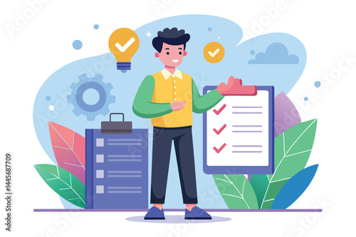 A young man stands confidently beside a clipboard filled with checkmarks, representing productivity and organization in a colorful workspace.