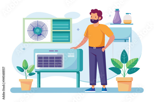 A man in a casual outfit interacts with an air conditioning unit in a brightly lit room filled with green plants and a fan on the wall.