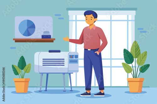 A young man dressed in a casual outfit gestures while standing next to an air conditioning unit in a contemporary room featuring plants and a wall display.