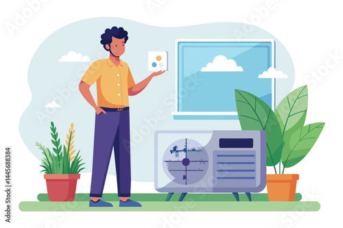A young man stands confidently holding a color palette next to a computer, surrounded by houseplants, reflecting a creative atmosphere in a modern workspace.