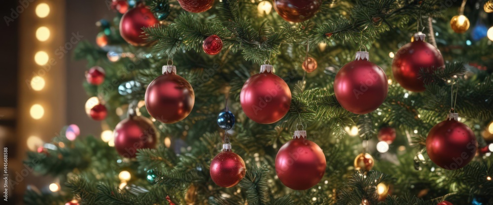 Vibrant baubles adorn a Christmas tree, bokeh lights glow ,  gold,  photography