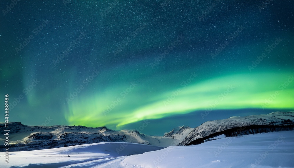 Fototapeta premium GenerateGreen Aurora Borealis over Snow covered Terrain. Beautiful Northern Lights Banner with copy
