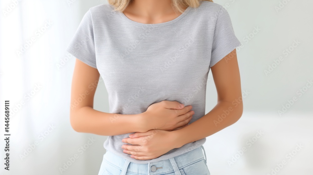 Woman experiencing stomach discomfort while standing in a bright indoor space during daytime.