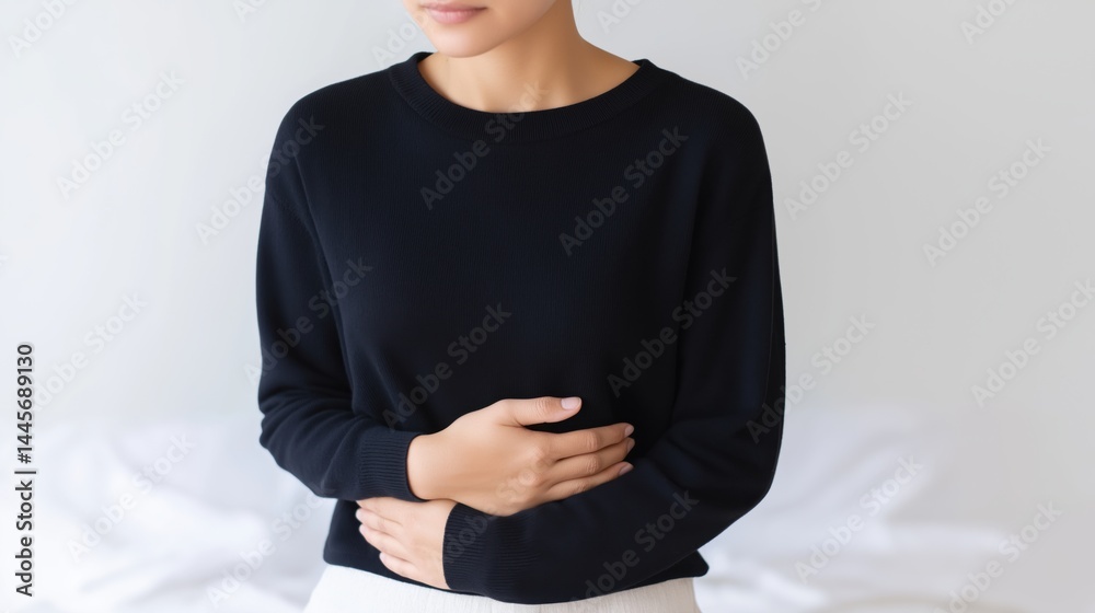 Woman experiencing discomfort while resting indoors in a calm and cozy environment during daytime.