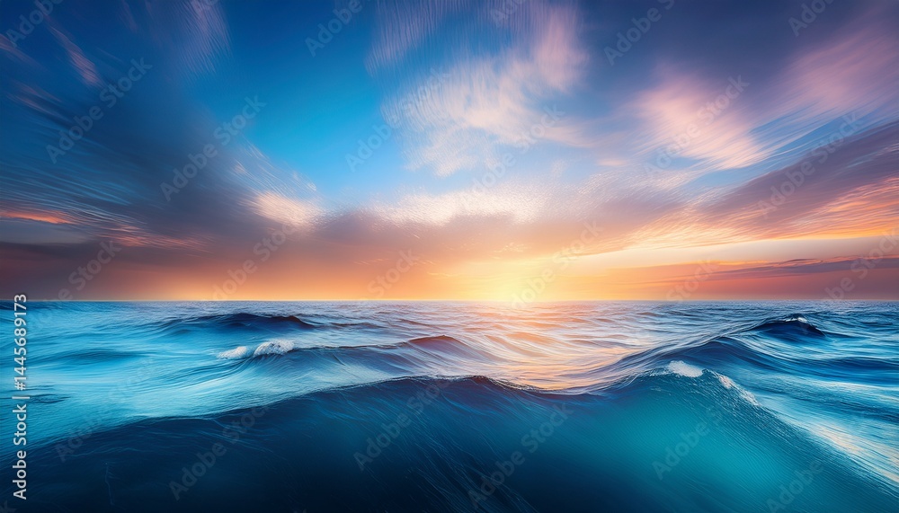 Obraz premium illustration of abstract background with blue wavy sea under colorful bright sundown sky