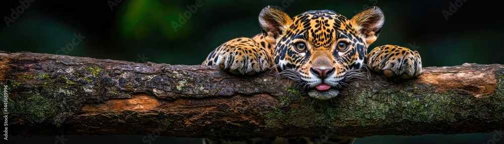 Obraz premium A playful jaguar rests its paws on a large tree branch