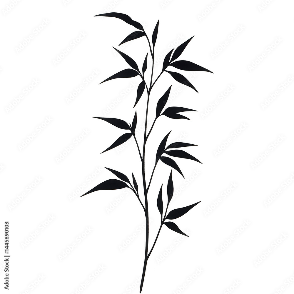 Obraz premium Simple black silhouette of bamboo branch with leaves, showcasing minimalist and elegant design. image captures natural beauty and grace of bamboo in stylized form