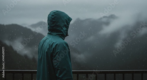Person in Raincoat Watching Rainy Mountain Landscape