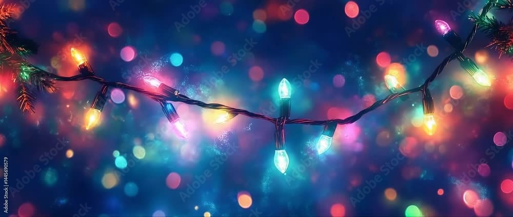 String of colorful christmas lights glowing against a dark blue bokeh background