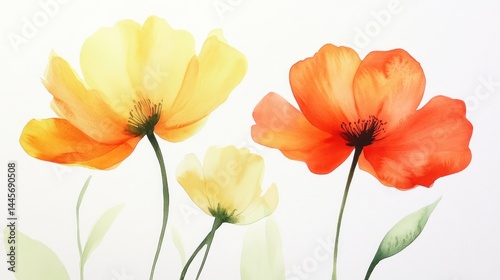 Beautiful watercolor painting of three colorful flowers on white