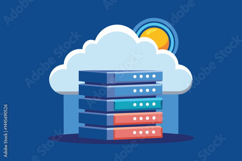 The illustration showcases stacked servers beneath a stylized cloud and sun against a blue backdrop, symbolizing digital data storage and management in a modern environment.