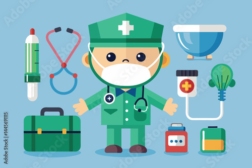 A cartoon-style doctor stands in a colorful environment, surrounded by medical tools like a stethoscope, syringe, and various healthcare equipment, promoting a friendly atmosphere.