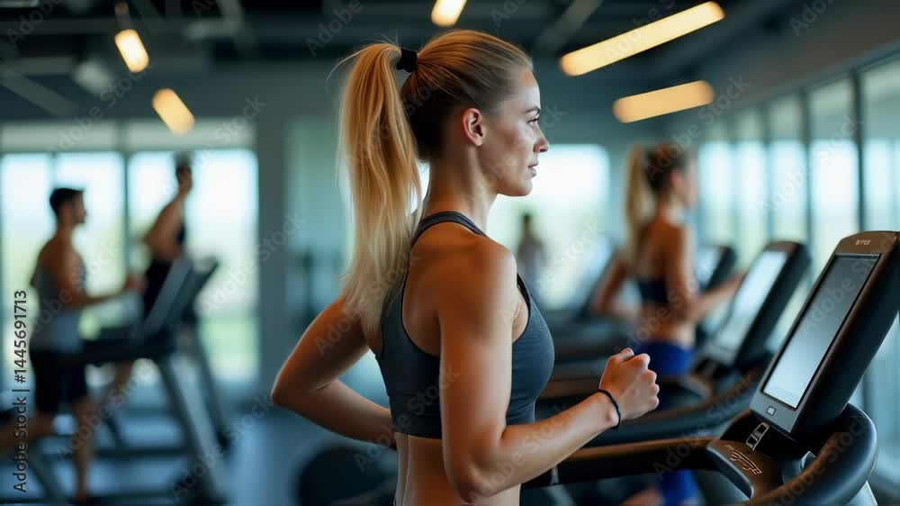 Focused Woman Running on Treadmill in Modern Gym – Energetic Fitness Motivation Focused Woman Running on Treadmill in Modern Gym – Energetic Fitness Motivation