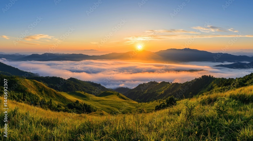 Obraz premium Majestic landscape showing mountains at a beautiful sunrise with fog