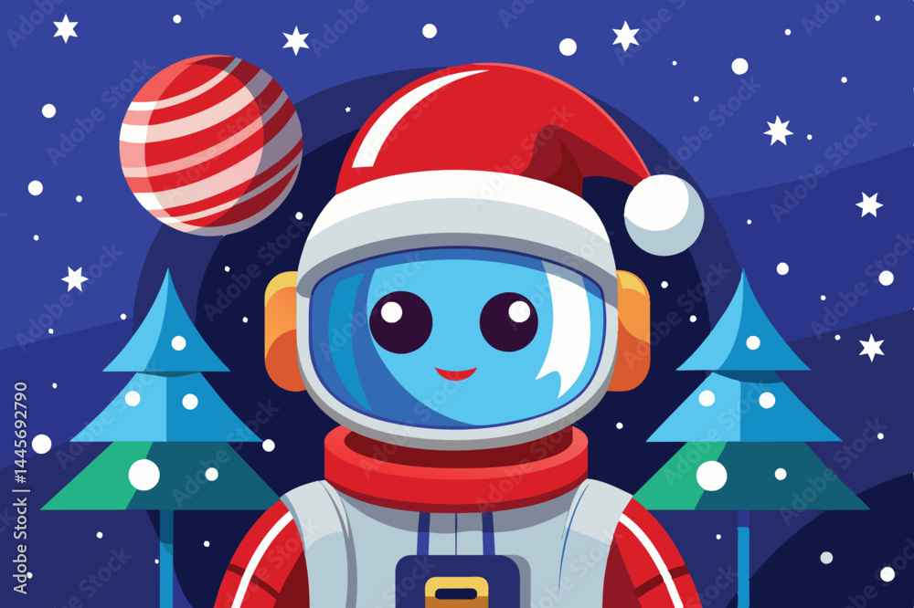 Naklejka premium A friendly robot dressed as Santa enjoys a winter wonderland, surrounded by snow-covered trees and colorful ornaments while snowflakes gently fall in the background.