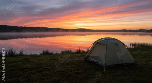 Camping Tent by Lake at Sunrise with Misty Forest Scenery