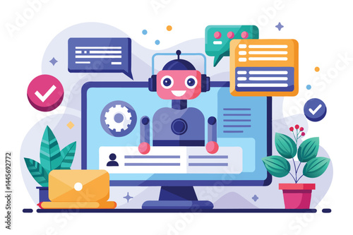 A friendly chatbot is displayed on a computer screen, engaging in dialogue with users. Colorful chat bubbles float around it, adding a lively touch to the workspace.