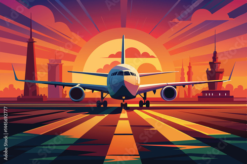 A modern aircraft is positioned on an airport runway as the vibrant sunset casts colorful hues over the scene, highlighting the city skyline in the background.