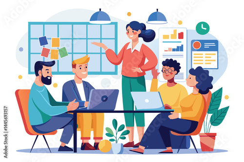 A group of five professionals engages in a lively discussion around a table, utilizing laptops and analyzing charts in a contemporary office environment.