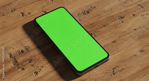 Smartphone with Green Screen on Rustic Wooden Table Mockup