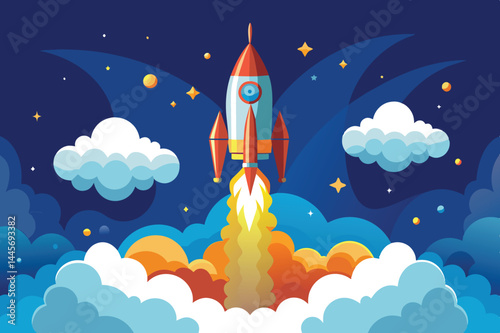 A vibrant rocket ascends into a dark sky filled with stars and swirling clouds, symbolizing the excitement of scientific discovery and exploration.