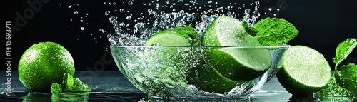 Fresh limes mint and water create refreshment in a glass bowl