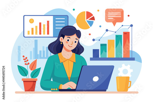 A woman dressed in a green blazer focuses on her laptop, reviewing graphs and charts while sitting at a desk surrounded by office plants and a coffee cup.