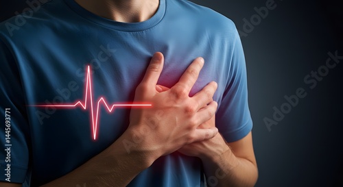 Man Holding Chest with Heartbeat Line Showing Potential Heart Attack or Cardiac Arrest